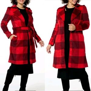 NEW G by Giuliana Women's Black Label Plaid Trench Coat RED SZ Large Petite